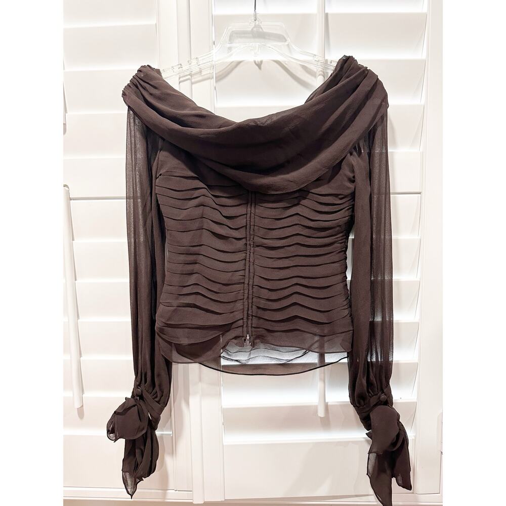 Vintage Lillie Rubin 100% Silk Ruched Blouse Off Shoulder Chocolate Brown Size 4 - Picture 3 of 13